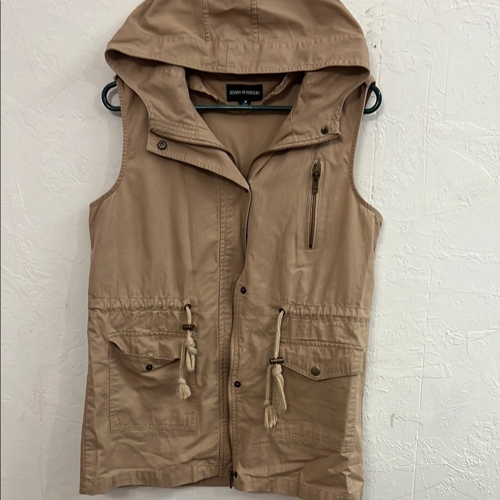 Tan Hooded Vest with Pockets